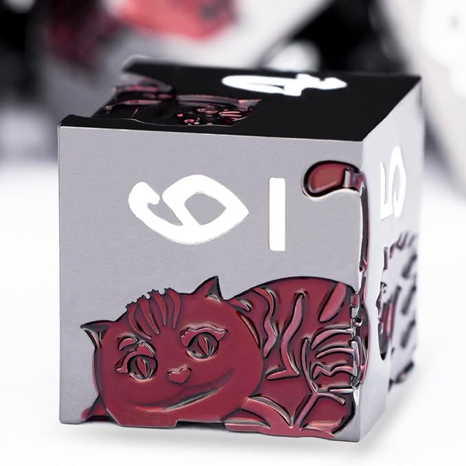 Metal DND Cat Dice 7PCS Polyhedral RPG Dice Set with Gift Case for Dungeons Dragons Role Playing Game, D and D Dice D6 D8 D10 D12 D20 D% (Red Black)