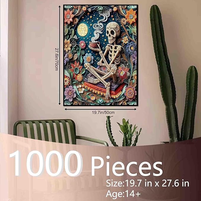 Tucocoo Skeleton and Flowers Jigsaw Puzzle for Adults 1000 Piece, Whimsical Skull Moonlight Paper Art Difficult Puzzle Challenging Night Sky Floral Puzzle for Family Game Nights Home Wall Decor Gift