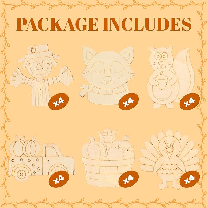 Fall Thanksgiving Crafts for Kids - 24 PCS DIY Wood Magnet Painting Kit with Cards - Thanksgiving Classroom Activities, Autumn Holiday Decorations, Fall Goodie Bag Favors for Boys & Girls