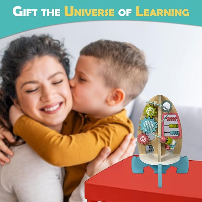 Space Rocket Wooden Activity Cube for Toddlers 1-3 - Includes Colorful Bead Maze for Montessori Sensory Development. Fun Toy Activity Center for Baby Boys & Girls. Excellent First Birthday Gift