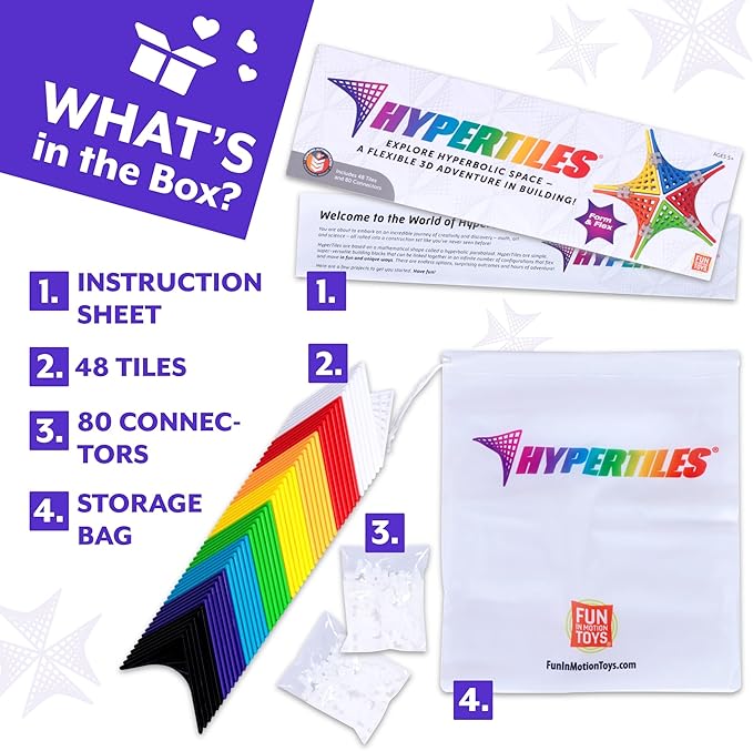 HyperTiles Hyperbolic Building Toy - 3" x 3" STEM Educational 3-Dimensional Adventure: 48 Tiles & 80 Connectors for Logic & Creativity - Infinite Shapes that Flex and Hinge - by Fun In Motion Toys