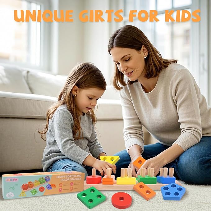 Montessori Toys for 1 2 3 Year Old - Wooden Baby Stacking Toys Sensory Educational Shape Sorter Color Sorting Toy for Toddlers 1-3, Birthday Gifts for Girls Boys Kids