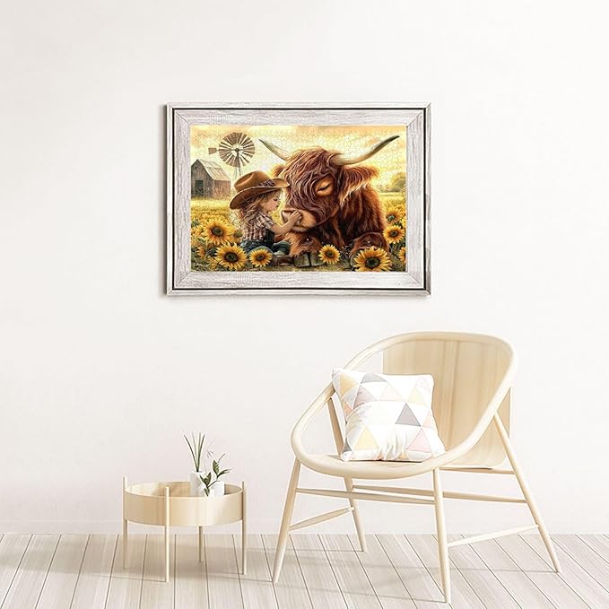 Cute Girl Highland Cattle Sunflower Jigsaw Puzzles 1000 Piece,Flowers Puzzle Nature Animal Flower Painting Jigsaw Puzzles 1000 Piece,Birthday Gifts for Adults and Family Game