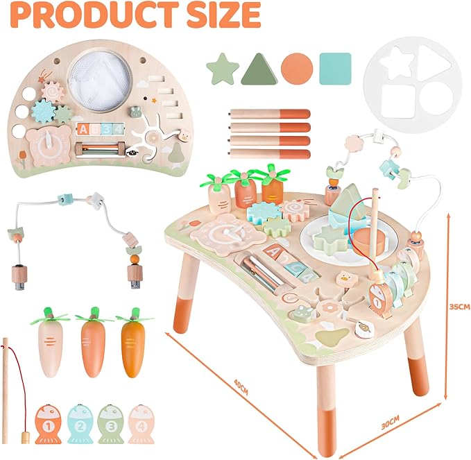 Activity Table for 1+ Year Old, 9-in-1 Montessori Wooden Sensory Play Table with Shape Sorter Fishing Game Bead Maze, Baby Activity Center Learning Toys for Toddler 12-18 Months