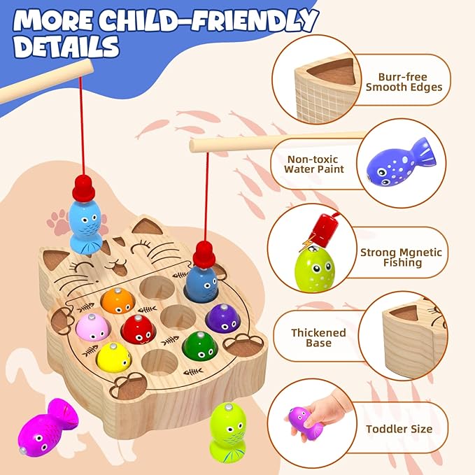 Wooden Magnetic Fishing Game for Toddlers 2-4, Montessori Sensory Busy Board Educational Learning Fine Motor Skills Toys for 2 3 4 Years Old Boys Girls