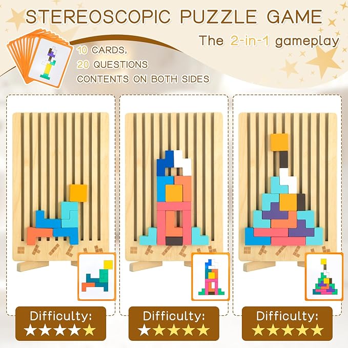 Wooden Stacking Puzzle Toy,3D Colored Wooden Puzzle,Russian Montessori Brain Blocks Puzzles Toys Gift for Boys and Girls,Board Jigsaw Game Toys for Brain Teasers for Toddlers 3-8Years
