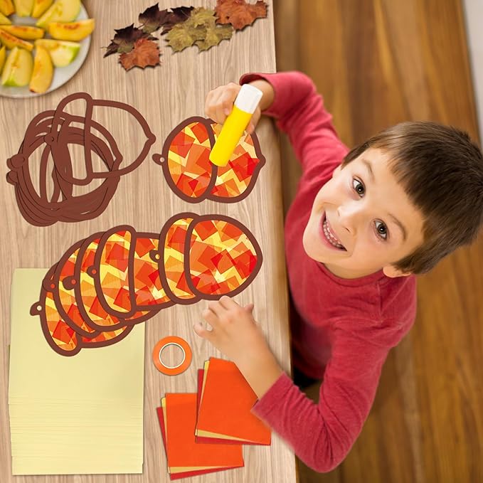 Qyeahkj 36 Set Fall Acorn Suncatchers Crafts for Kids DIY Autumn Window Tissue Paper Craft Kit Hanging Decor for Thinkgiving Home Activity Art Project Birthday Party Favor Gift