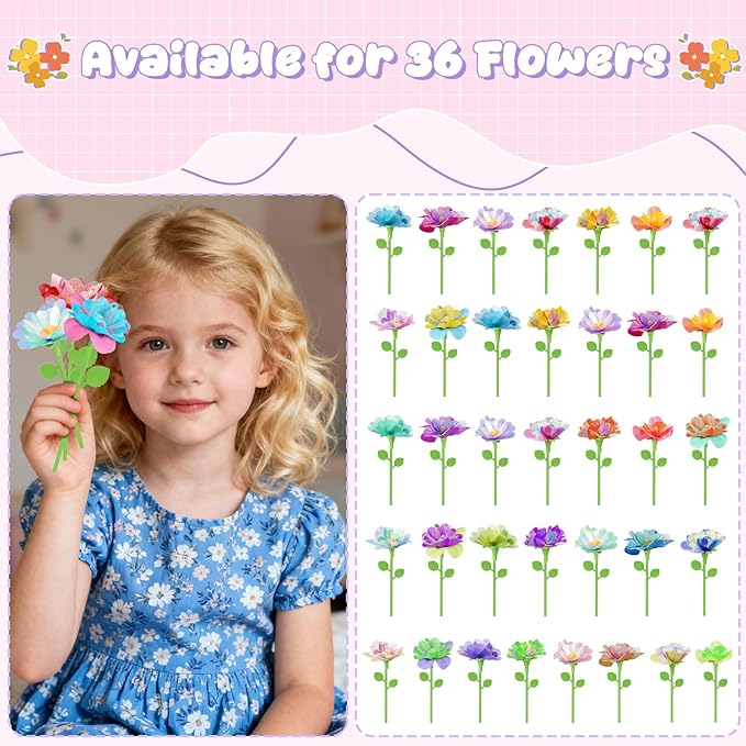 FUNZBO 216 Pcs DIY Fabric Flower Bouquets Toys Accessories - Flowers Market Toy Accessorie - Arts & Crafts Toy Accessories for 4 5 6 7 8+Year Old Girl Birthday Gifts Ideas (36 Flower Stems)