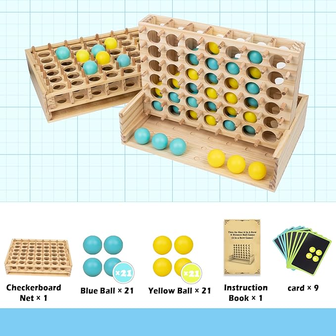 Wooden 4 in a Row & Bounce Ball Games,Two-in-One Four in a Row Game and Bounce Ball Party Game, Bounce Off Game for Friends and Family