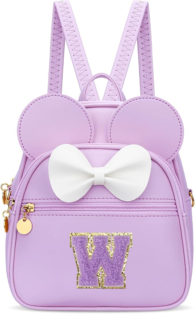 KKXIU Girls Initial Bowknot Cute Mini Backpack for Toddler, Travel Small Girl Backpacks, Personalized Trendy Stuff Gift for Little Girls and Kids(W, Purple)