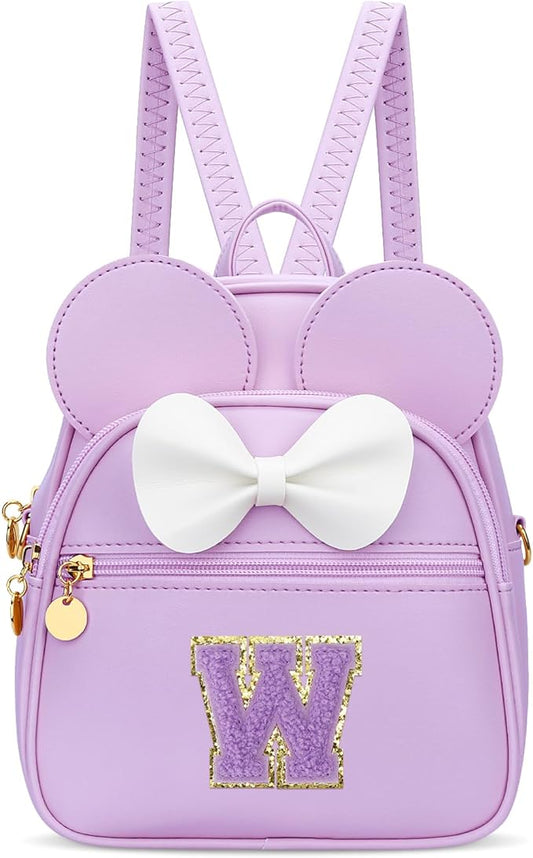 KKXIU Girls Initial Bowknot Cute Mini Backpack for Toddler, Travel Small Girl Backpacks, Personalized Trendy Stuff Gift for Little Girls and Kids(W, Purple)