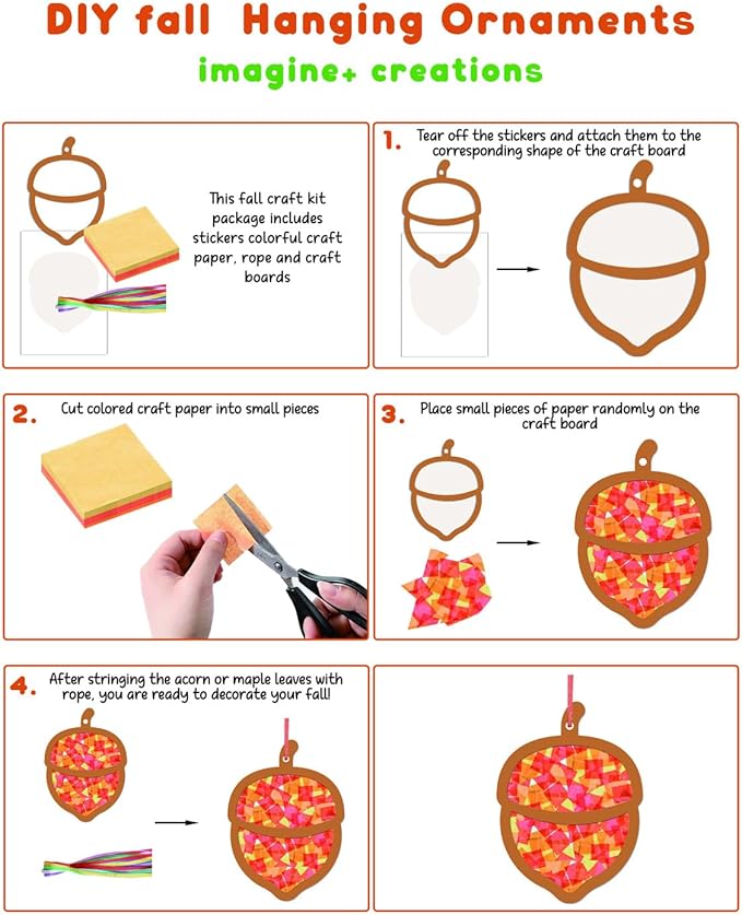 Zliisang 24PCS Make You Own Fall Crafts Kit Bulk Maple Leaf Acorn Paper Suncatchers DIY Kit for Autumn Thanksgiving Classroom Activities Decorations Window Stained Glass Effect Art Supplies