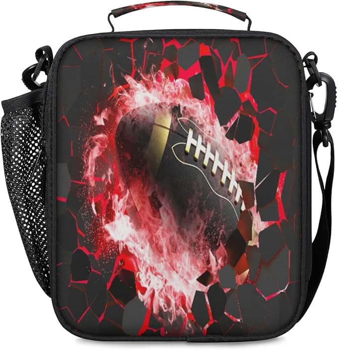 American Football Lunch Box for Boys Insulated Lunch Bag Reusable Portable Lunchbox with Adjustable Shoulder Strap and Water Bottle Holder for Work School Travel