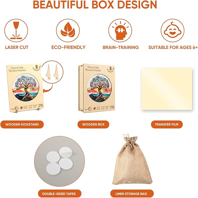 Wooden Puzzles for Adults, Stained Glass Puzzles Tree of Life 200 Piece,5MM Thickness, Tree Jigsaw Puzzles, Irregular Wood Creative for Adults and Kids Family Games