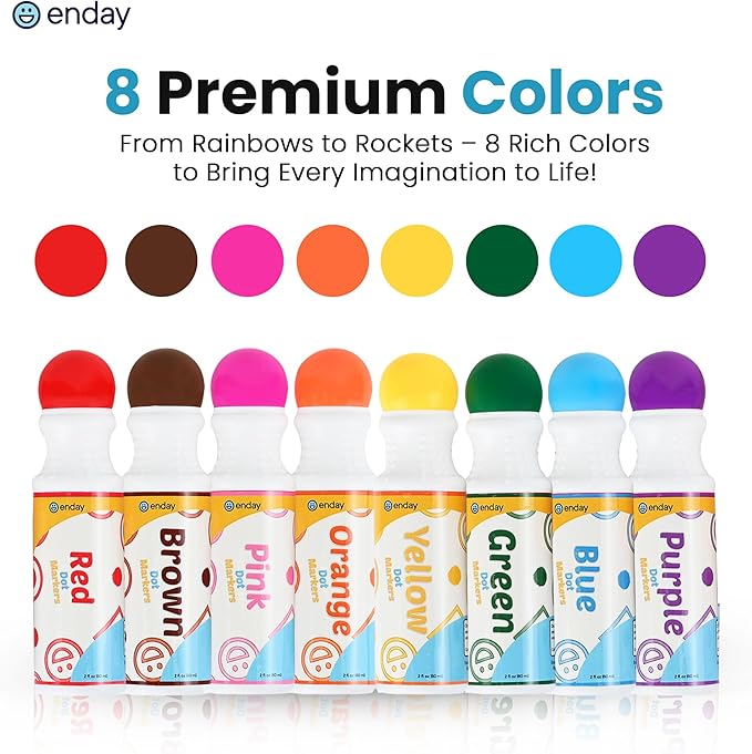 Enday Washable Dot Markers for Toddlers 1-3 - 8 Colors, Activity Sheets and Stencils Included - Bingo Daubers, Dot Art, Dot Markers for Toddlers 2-4 Years, Dot Paint for Toddler Arts and Crafts