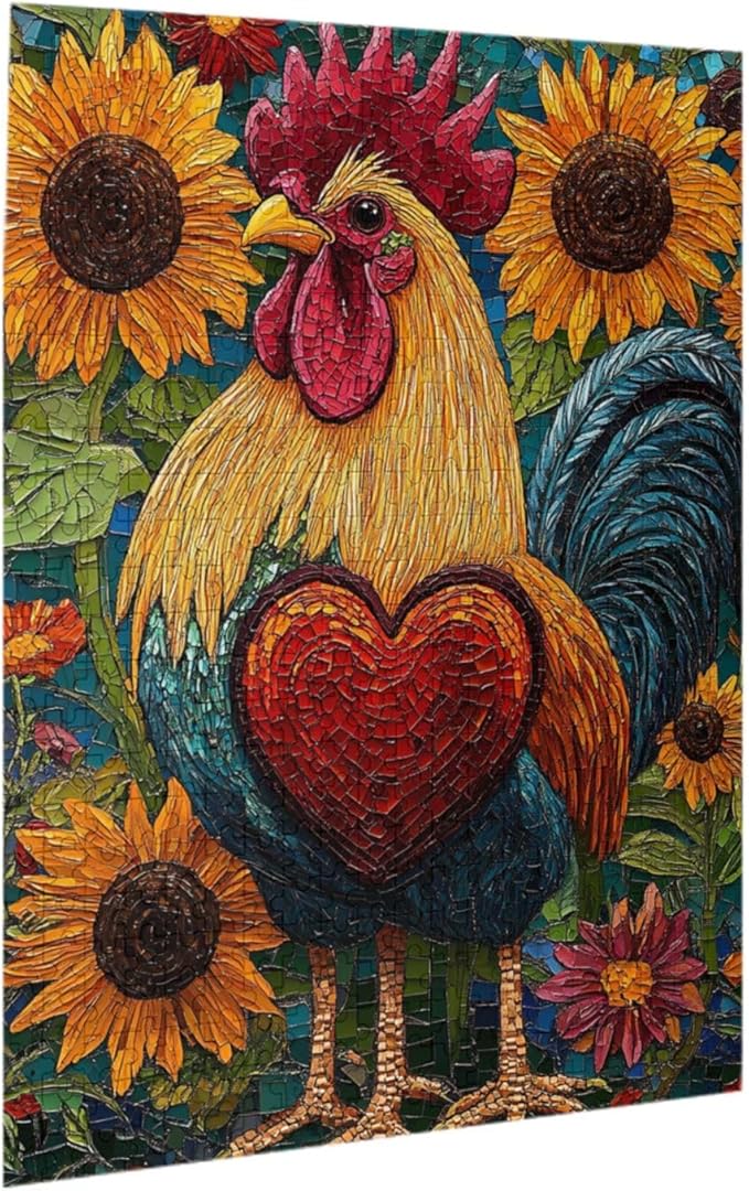 500 Piece Wooden Puzzle for Adults,The Art of Chickens and Hearts in Sunflowers,Bold Farm Animal Artwork,Brain Training Challenge,Stress Relief Activity,Eco-Friendly Woodens Pieces