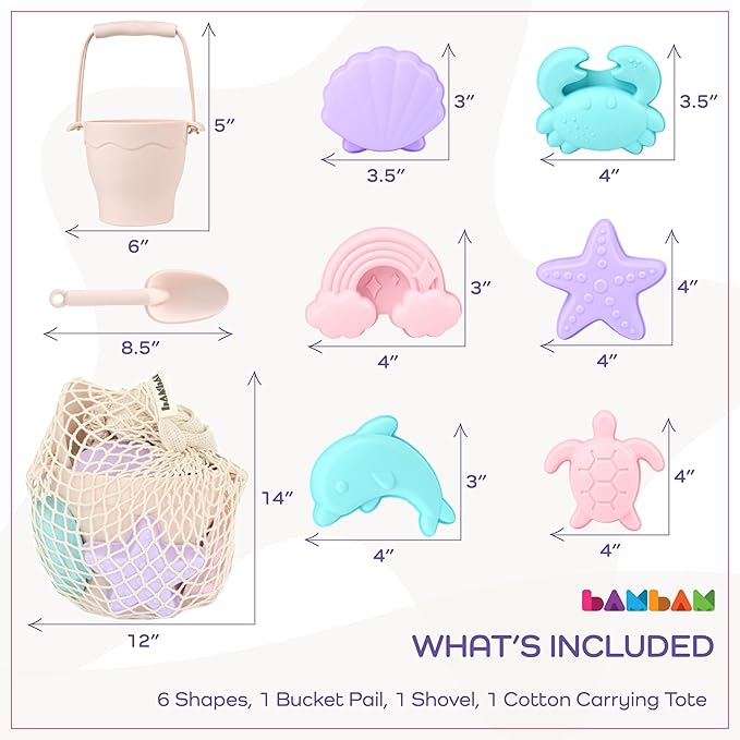BamBam Baby โ Premium Silicone Beach Toys for Toddlers & Baby | 100% BPA Free, Safety Tested | 8 Piece Sand Bucket Set for Ages 6 Months and Up - (Blissful Pink)