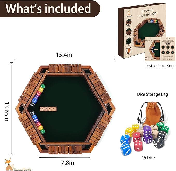 Shut The Box Game Wooden Board Game for 1-6 Players with 16 Dice, Dice Game for Adults & Kids at Home, Classroom or Parties