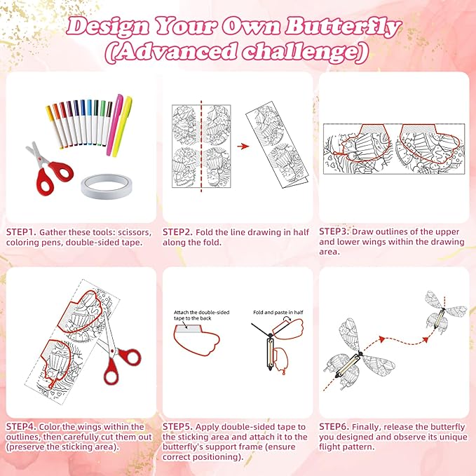 36 Pack Painting Butterfly Craft Kit for Kids, 24 Paper Butterflies and 12 Color Pens, Rubber Band Wind Up Butterfly Toy, Make Your Own Magic Flying Butterflies, School Activity,Surprise Card