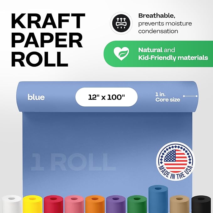 12" x 1200" (100 feet) Blue Kraft Paper Roll - USA-Made Quality Craft Paper for Gift Wrapping, Kids' Arts & Crafts, School Projects - 100% Recycled Natural Material 50lb Thickness by IDL Packaging