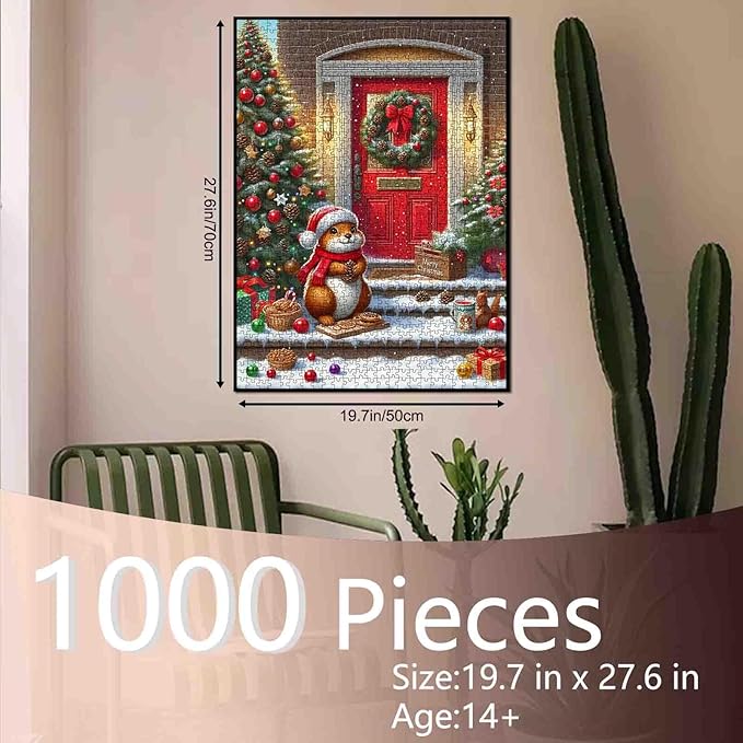 Christmas 1000 Piece Jigsaw Puzzles for Adults Squirrel Wearing Red Hat Painting Christmas Tree Jigsaw Puzzle 1000 Pieces Winter Scene Holiday Puzzles Family Fun Game DIY Craft Bedroom Decor Gift