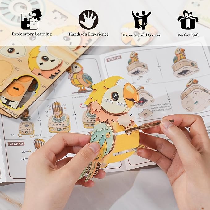 Kosmickiss 3D STEM Wooden Puzzles for Kids, 3D Wooden Models with Voice Recorder, Science STEM Building Kit Creative Craft Toys for Boys Girls Age 8-13 Years Education Birthday Gifts (Echo Parrot)