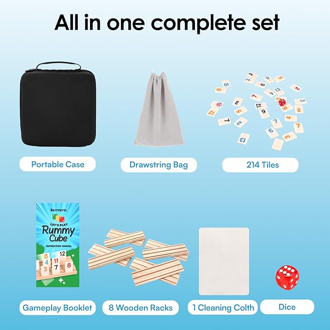 Rummy Cube Game 6-8 Players with Portable Travel Case, 214 Melamine Rummy Tiles & 8 Wooden Holders, Classic Family Strategy Board Game for Adults Kids