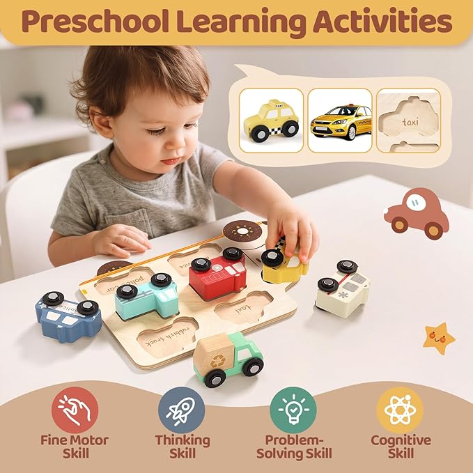 Wooden Toddler Puzzles,Montessori Vehicle Puzzles for Toddlers,Montessori Toys for 1 2 3 Years Old Boys Girls Educational Toys with 6 Emergency and City Vehicles,Wooden Toy Cars for Toddler 1-3