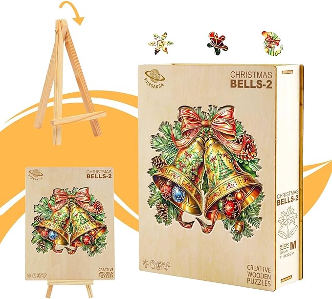 Wooden Puzzles for Adults, Bells Wood Puzzles Adult, Wooden Jigsaw Puzzles for Adults, Holiday Winter Puzzle, Unique Animal Shape, Gifts for Friends and Family (M-11.4 * 10.2in -200 Pcs)