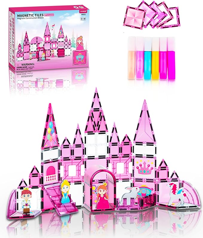Magnetic Tiles 50 Pcs Princess Theme Set Magnets Building Blocks with Princess Castle Toys DIY Painting Set and 5 character figures for Kids Ages 4-8 toddlers STEM Birthday Gifts for Girls Boy