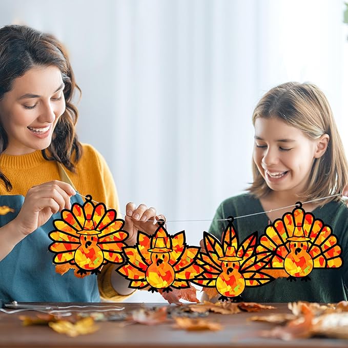 32 Sets Thanksgiving Turkey Suncatchers Craft Kit DIY Window Stained Glass Effect Thanksgiving Turkey Paper Crafts Home School Classroom Decoration Kid Birthday Gift Creative Art Project Activity Game