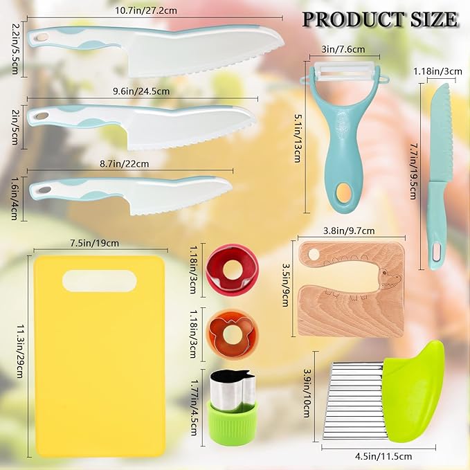 11 Pieces Wooden Kids Kitchen Knife, Blue Kids Knife Set Include Wood Kids Knife, Serrated Edges Plastic Toddler Knife, Crinkle Cutter, Sandwich Cutter, Y Peeler, Cutting Board