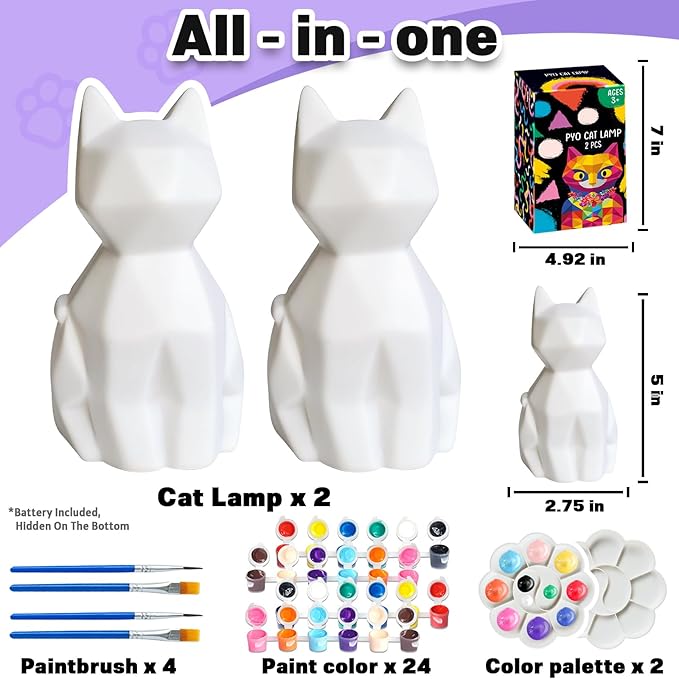FUNZBO 2pcs Paint Your Own Cat Lamp - Arts and Crafts Supplies Kitten Painting Kits for Kids Teens Adults, DIY Night Light Toy for Toddlers Girls Boys Ages 3 4 5 6 7 8 9 10 11 12 13 + Birthday Gifts