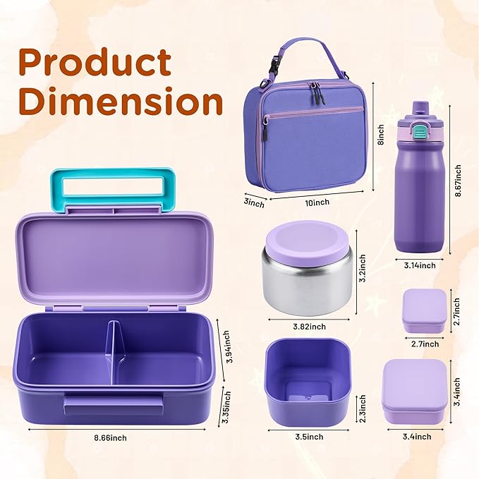 Bento Lunch Box for Kids With 8oz Thermo, Leakproof Bento Box with with 2 Compartments, Insulated Bottle, Lunch Bag, BPA Free Dishwasher Safe for School Girls Boys (Purple)