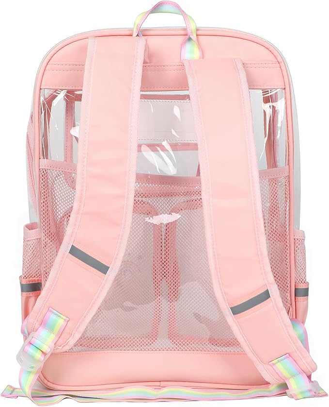 Clear Backpack for School - 17" Transparent Backpacks With Water-Resistant PVC Plastic Material and Ruggedly Reinforced Shoulder Straps, School Bag for Teen Boys Girls Pink