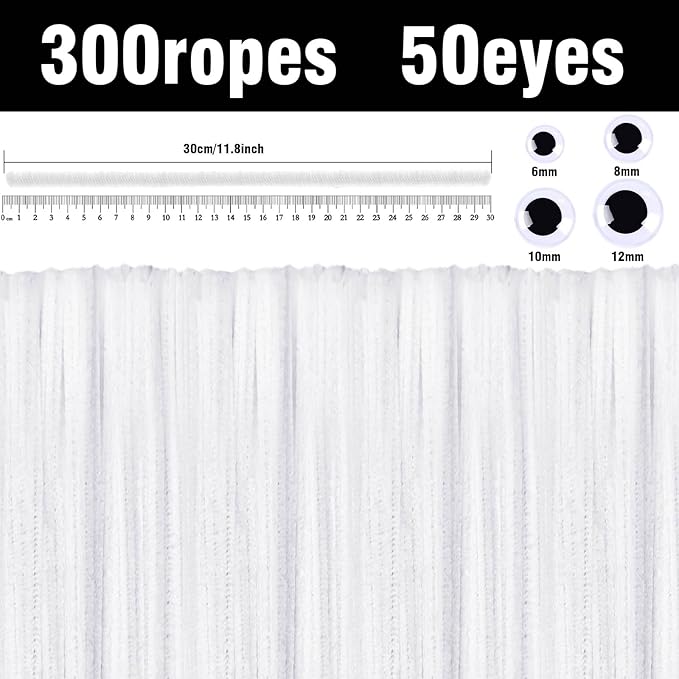 URSDIART (350pcs/Set) White Pipe Cleaners and Wiggle Eyes, 12 Inch 300pcs White Pipe Cleaners for Crafts,Chenille Stems Pipe Cleaners Bulk DIY Creative,Christmas Halloween Decoration Art Supplies