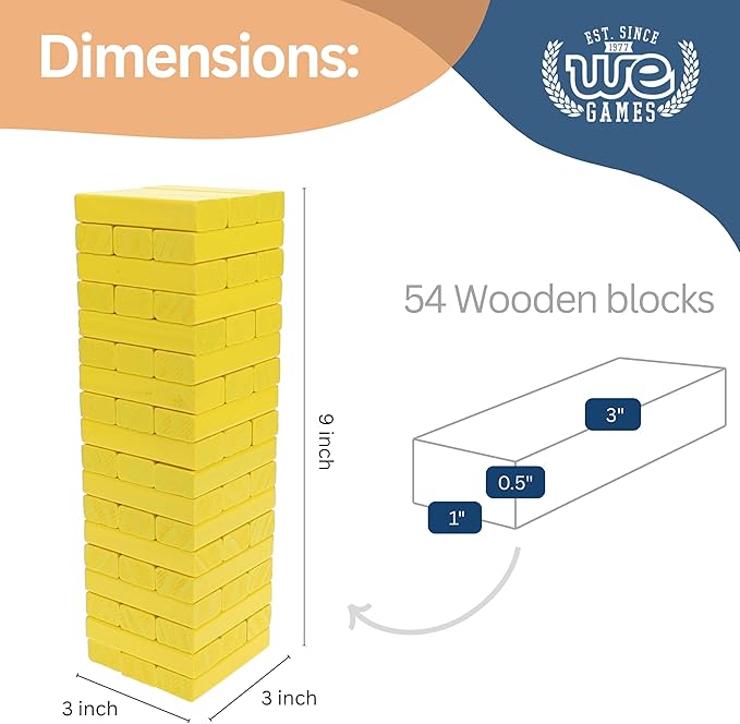WE Games Wooden Block Stacking Party Game for Adults, Tumble Tower Wedding Guest Book Alternative, Tabletop Games, Includes Storage Case, 12 inches