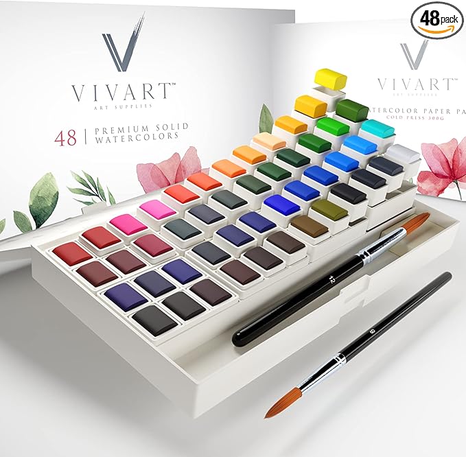 remium 48‑Color Watercolor Set for Adults & Beginners – 48 Vivid Half‑Pans, 2 Artist‑Grade Brushes (Sizes 8 & 12), 20‑Sheet 300 gsm Cold‑Press Paper Pad & Step‑by‑Step e‑Course