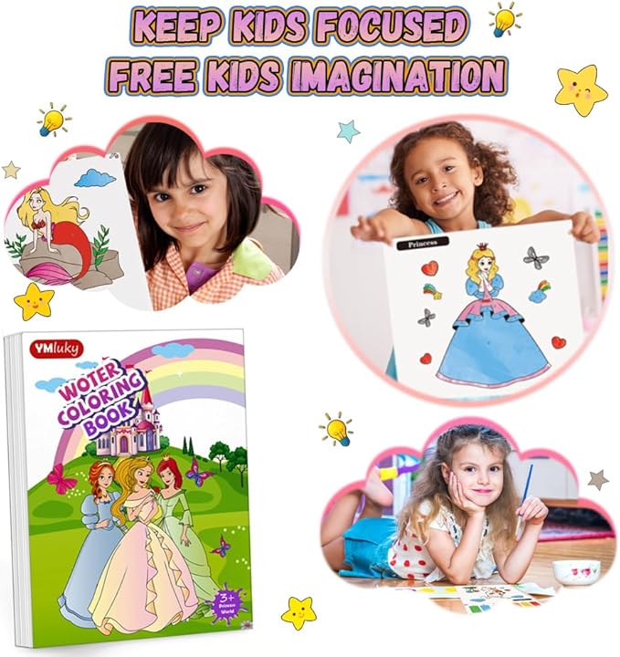 YMluky Water Color Paint Sets for Kids,No Mess Painting for Toddlers Activities,Magic Paint Set with 2 Brush, Arts and Crafts for Kids 4-8 (2-Princess)