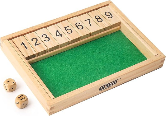 GSE Games & Sports Expert Wooden Shut The Box 9 Numbers Dice Game Board with 2 Wooden Dice, Classic Tabletop Version of The Popular English Pub Game