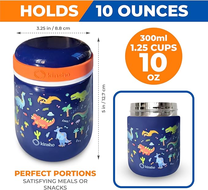Bento Box with Thermal, Stainless Steel Food Jar for Hot-Cold Food or Soup, Insulated Lunch Bag and Ice Pack Set for Kids or Toddlers. Ages 3 to 7, Blue Dinosaur