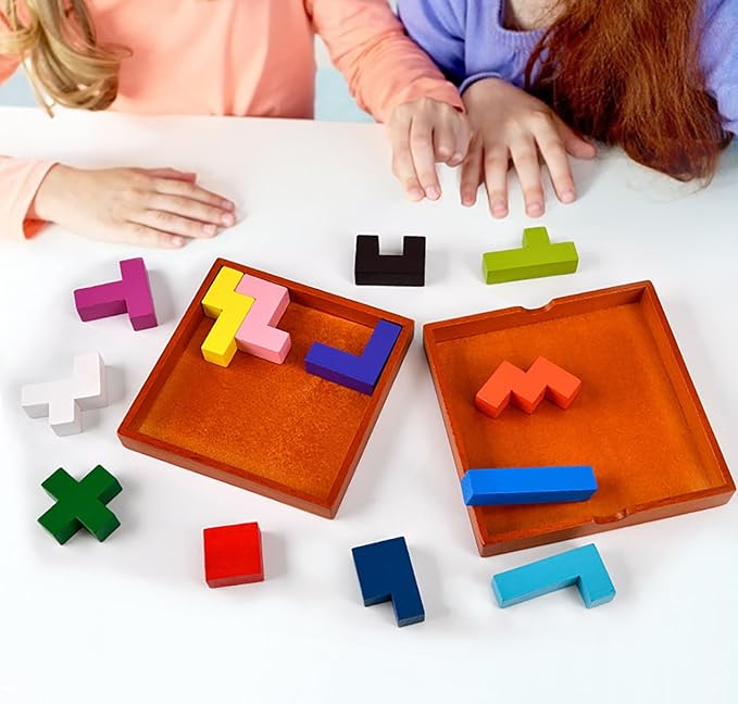 Wooden Puzzle Pattern Blocks Brain Teasers Game 3D Russian Building Toy Geometric Wood Tangram Shape Jigsaw Puzzles Montessori STEM Educational Toys Gift for Kids Adults (Multicolor)