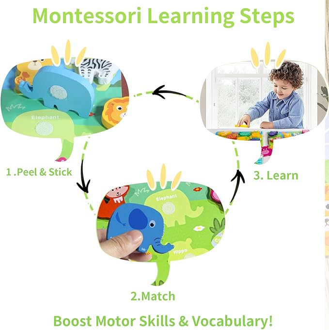 Hook & Loop Wooden Puzzles for Toddlers | Montessori Learning Toys with 4-in-1 Themes | Ocean, Jungle, Transportation, Fruit | Secure Adhesion & Educational Gifts