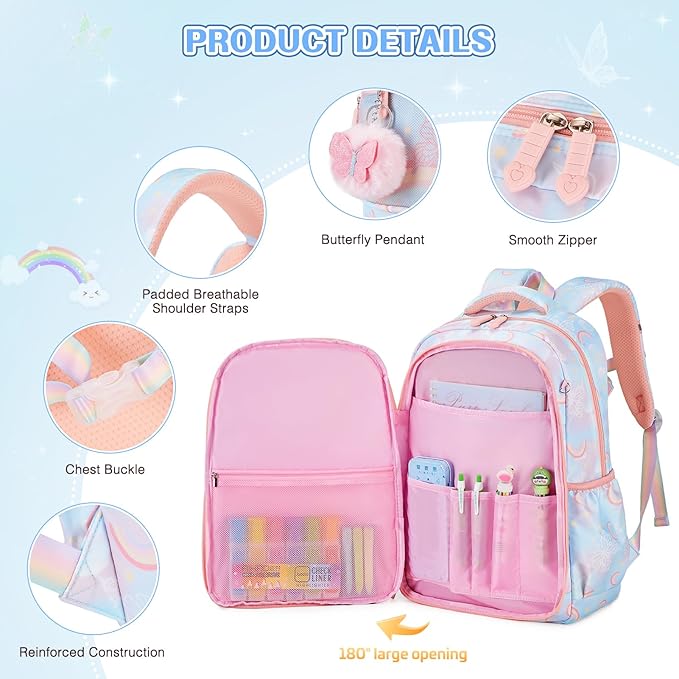 Backpack for Girls, Rainbow Butterfly Girls Backpacks with Lunch Bag Pencil Case Set, Kids Backpack Kindergarten Elementary Middle School Book Bag for Teen Girl Children Students