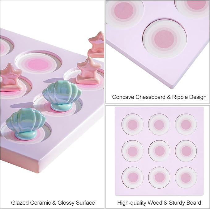 WDS WONDROUS Tic Tac Toe Game, Pink Coffee Table Centerpiece Decoration, Summer Beach Themed Wood Board Game with Ceramic Shell & Starfish, Coastal Girl's Room Decor, Fun&Cute Gifts for All-7.9 Inch