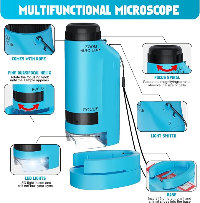 Portable Microscope for Kids Zoom 60x-180x,Handheld Mini Microscope Toy,STEM&Science Toys,LED Pocket,Little Scientist Microscopes with 12pcs Slides,Gift for 6,7,8,9,10+ Girls Boys(2PCS Blue)