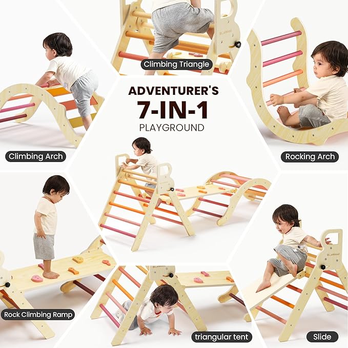 BlueWood Pikler Triangle Set, Toddler Wooden Climbing Toys Indoor 7in1 Foldable Climber for Kids, Montessori Philosophy Play Jungle Gym with Arch, Ramp, Ladder (Farm Charm Autumn)
