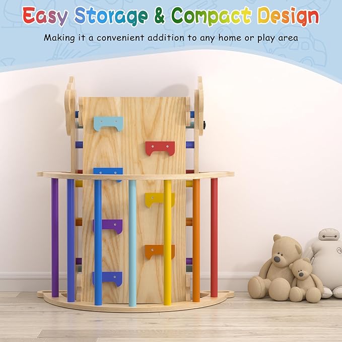 Large Pikler Triangle Set, 5 in 1 Foldable Baby Climbing Gym Indoor Montessori Climbing Set Wooden Toddler Climbing Toys with Arch, Ramp, Ladder, Rainbow