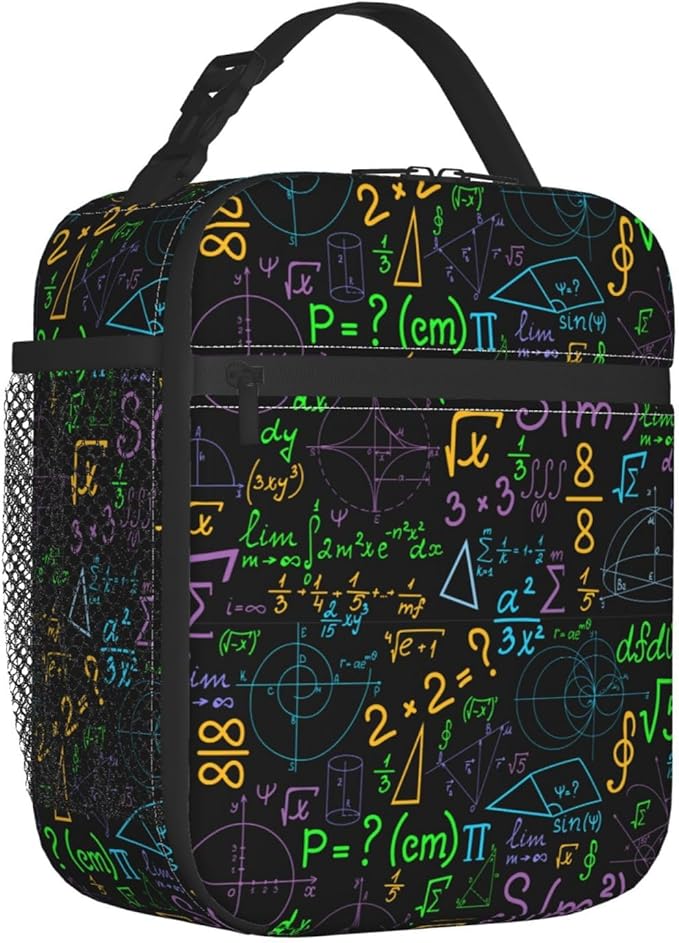 Math Colorful Geometrical Plots Formulas Calculations Reusable Lunch Box Food Bag Insulated Lunch Bag for Teenage Boys Girls School Beach