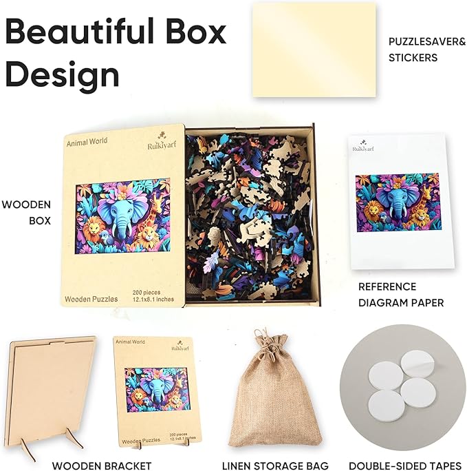 Ruikiyart Wooden Puzzles for Adults, 5MM 200 Pieces Animal World Wooden Jigsaw Puzzles, Unique Shaped Puzzle Gifts for Adults and Kids on Thanksgiving, Family Puzzle Games(12.1"*8.1")